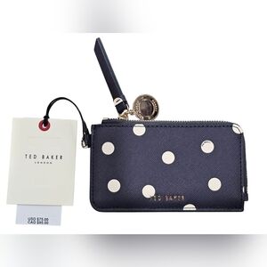 Ted Baker LuLu Navy and Cream Polka Dot Zip Faux Leather Card Holder. New!